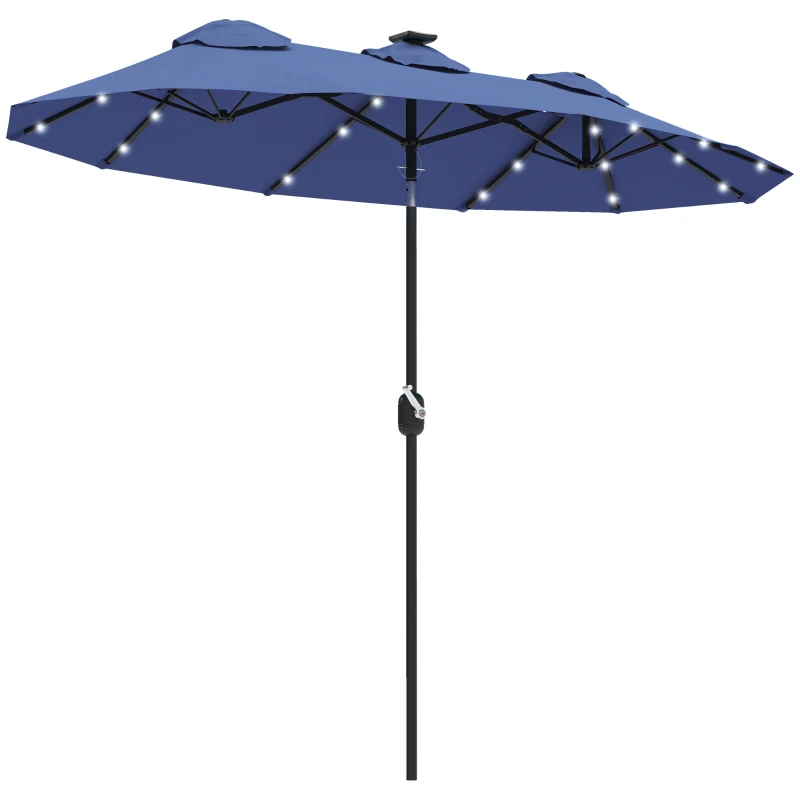 Outsunny Double-sided Patio Umbrella, 9.7' Outdoor Umbrella with Tilt and Crank, LED Solar Light and 12 Ribs, Navy Blue