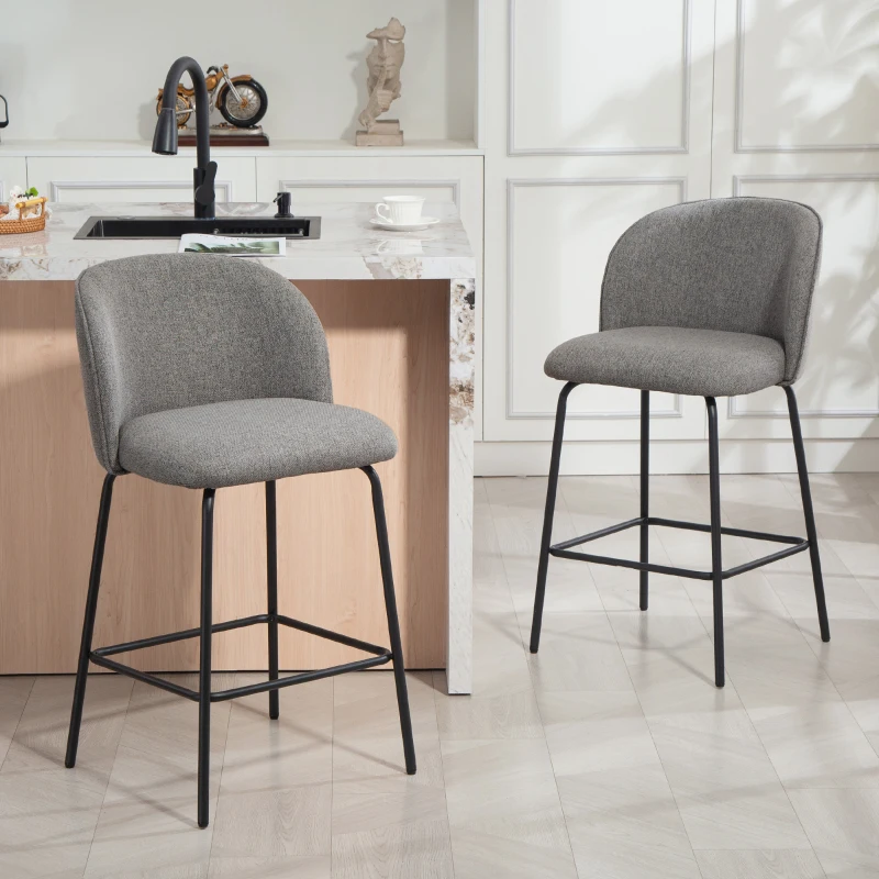HOMCOM Set of 2 Counter Height Barstools, Upholstered Linen Bar Stools with Backrest, Footrest and Steel Legs, Dark Grey