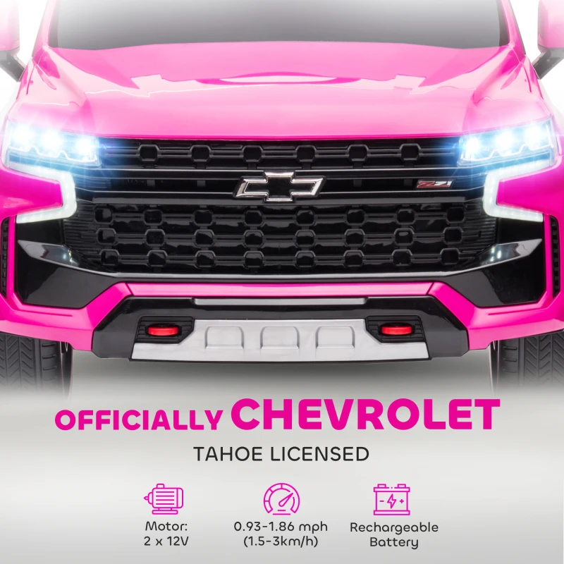 Aosom Licensed Chevrolet Tahoe Kids Ride on Car, 12V 7AH Toddler Electric Car with Parent Remote Control, 3 Speeds, Spring Suspension, LED Light, Horn, Music, Pink