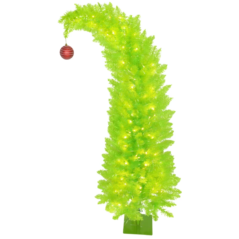 HOMCOM 5 ft Bent Top Whimsical Christmas Tree, Pencil Xmas Tree with Red Ball, Metal Base, Prelit with 200 LED Lights
