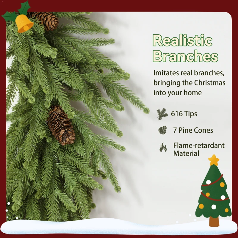 HOMCOM 24 inch Christmas Wreath, Artificial Norfolk Pine Wreath with Pine Cones and 88 Realistic Branches for Door, Wall