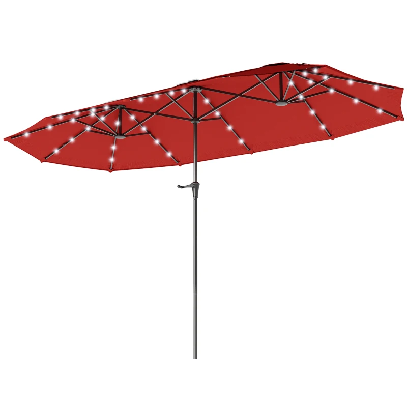 Outsunny 13ft Double-Sided Market Umbrella, Large Patio Umbrella with Solar Lights, Crank Handle for Garden, Pool, Yard, Wine Red