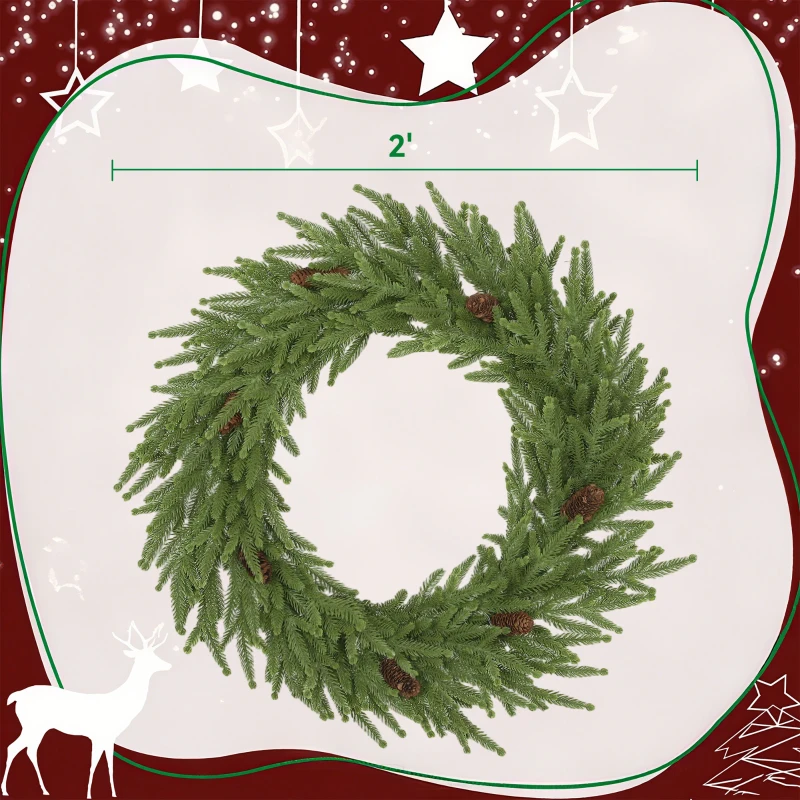HOMCOM 24 inch Christmas Wreath, Artificial Norfolk Pine Wreath with Pine Cones and 88 Realistic Branches for Door, Wall