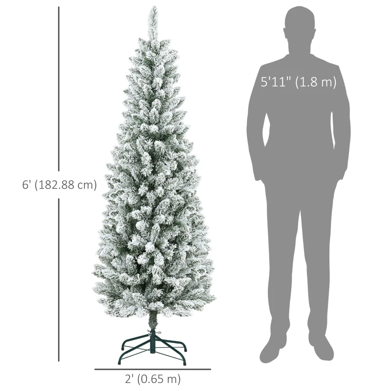 HOMCOM 6ft Pencil Christmas Tree, Flocked Tree with 479 Branch Tips and Metal Base for Home, Indoor, Holiday