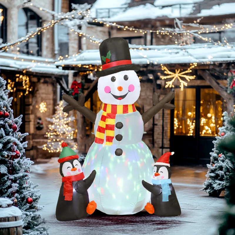 Outsunny 6FT Christmas Inflatables Snowman & Penguins with LED Lights and Flashing Projector Light, Blow Up Inflatable Decoration