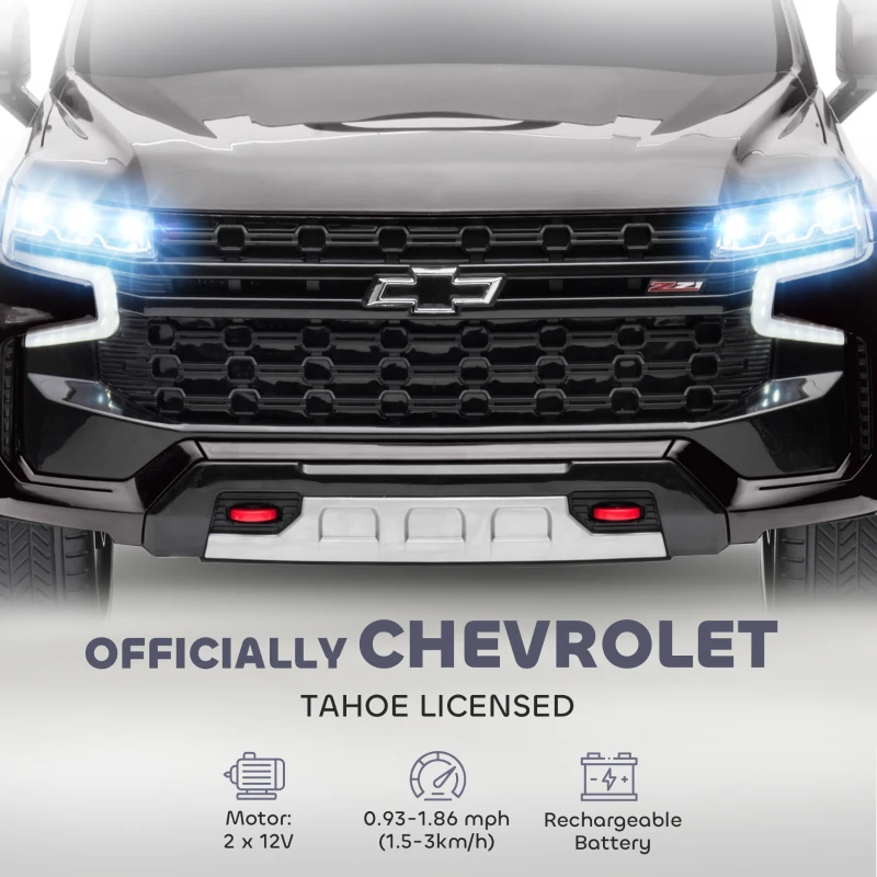 Aosom Licensed Chevrolet Tahoe Kids Ride on Car, 12V 7AH Toddler Electric Car with Parent Remote Control, 3 Speeds, Spring Suspension, LED Light, Horn, Music, Black
