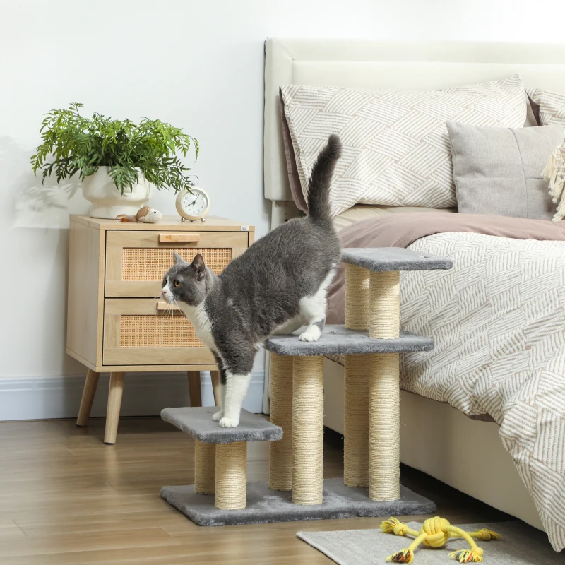 PawHut Cat Stairs with 2 Sisal Scratching Post for High Bed Couch, Adjustable 3-Tier Pet Stairs, Grey