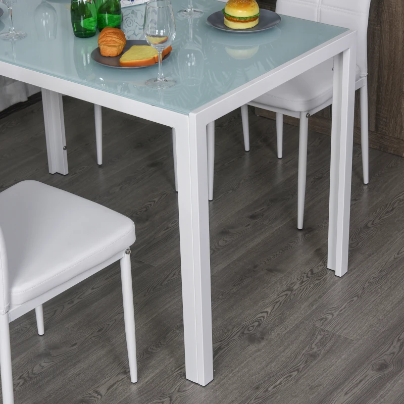 HOMCOM 5-Piece Rectangular Glass Kitchen Table and Chairs with Metal Frame and Faux Leather Upholstery for Dining Room, White