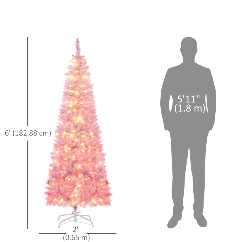 HOMCOM 6 Foot Prelit Snow Flocked Artificial Christmas Tree with Pencil Shape, 500 Pine Realistic Branches, Warm White LED lights, Auto Open, Pink and White