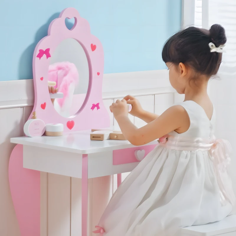 Qaba Kids Vanity Table & Chair Set Girls Dressing Set with Mirror Drawer Cute Patterns for 3-6 Years Old, Pink