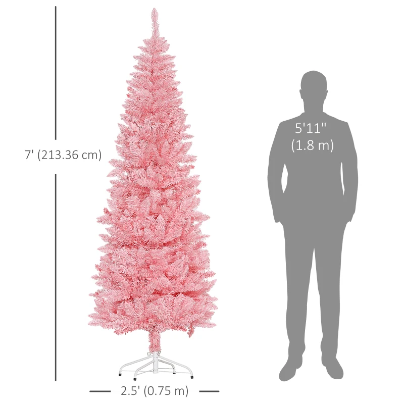 HOMCOM 7ft Tall Pencil Artificial Christmas Tree with 687 Branch Tips with Steel Base, Pink
