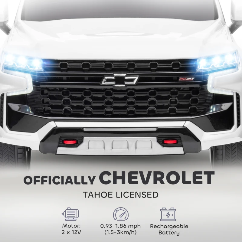 Aosom Licensed Chevrolet Tahoe Kids Ride on Car, 12V 7AH Toddler Electric Car with Parent Remote Control, 3 Speeds, Spring Suspension, LED Light, Horn, Music, White