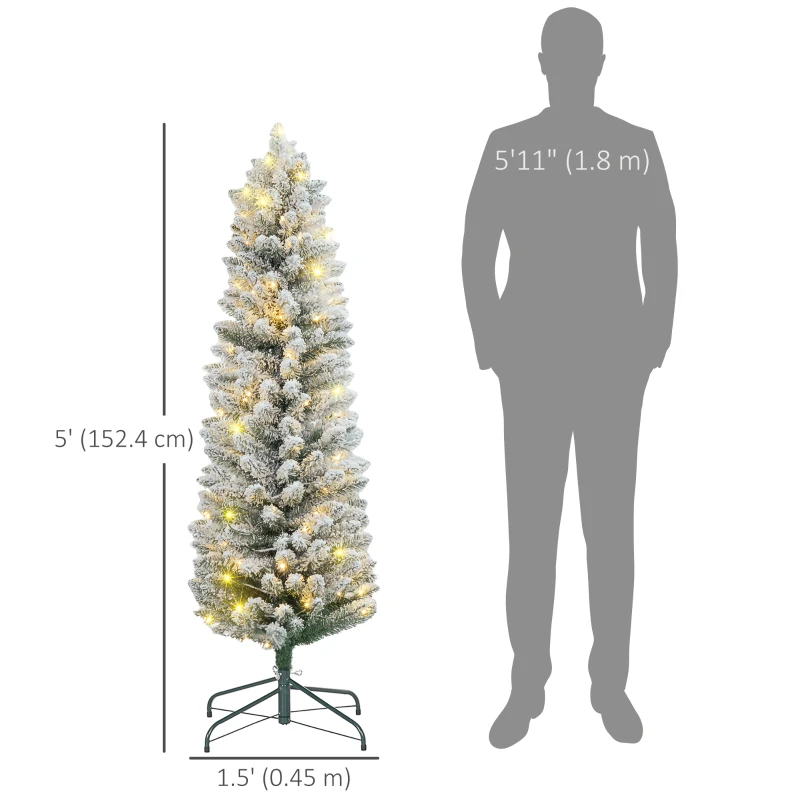 HOMCOM 5ft Artificial Prelit Christmas Tree with Warm White LED Light, Snow Flocked Branches, Metal Base, Pencil Xmas Tree