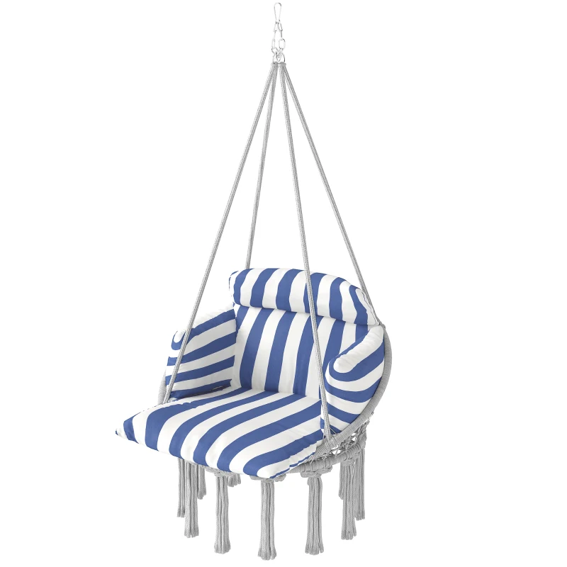 Outsunny Hammock Swing Chair, Macrame Hanging Chair with Large Cushion, Chain, Steel Frame for Indoor Outdoor Use, Blue and White