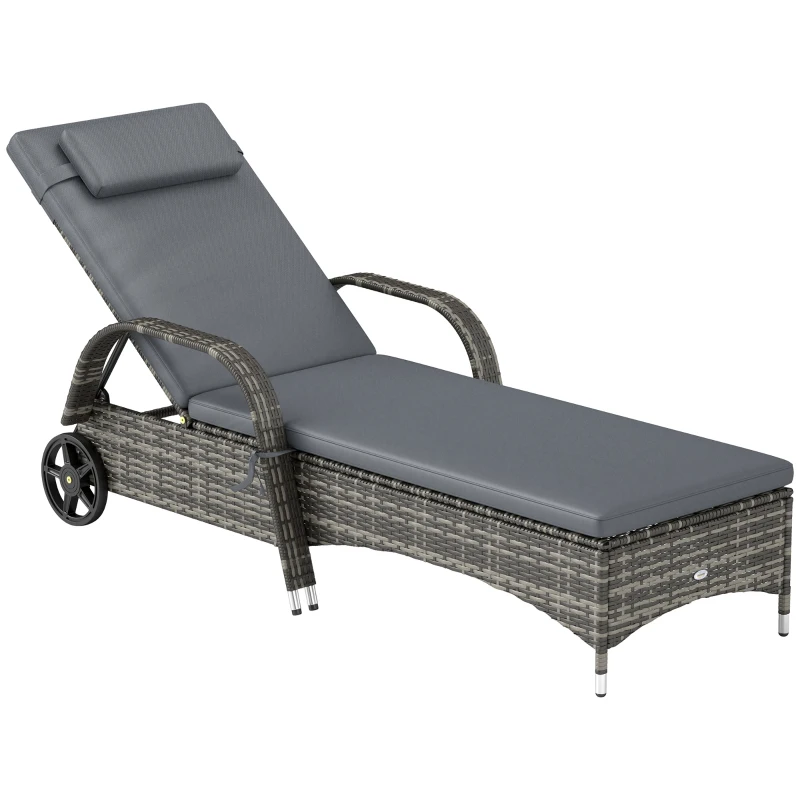 Outsunny Wicker Outdoor Chaise Lounge, 5-Level Adjustable Backrest PE Rattan Pool Lounge Chair with Wheels, Cushion & Headrest, Mixed Gray and Gray