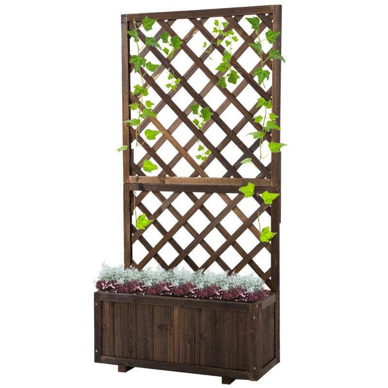 Outsunny Wooden Raised Garden Bed Planting Planter Box with Trellis and Drain Holes for Climbing Vine Plants, Brown
