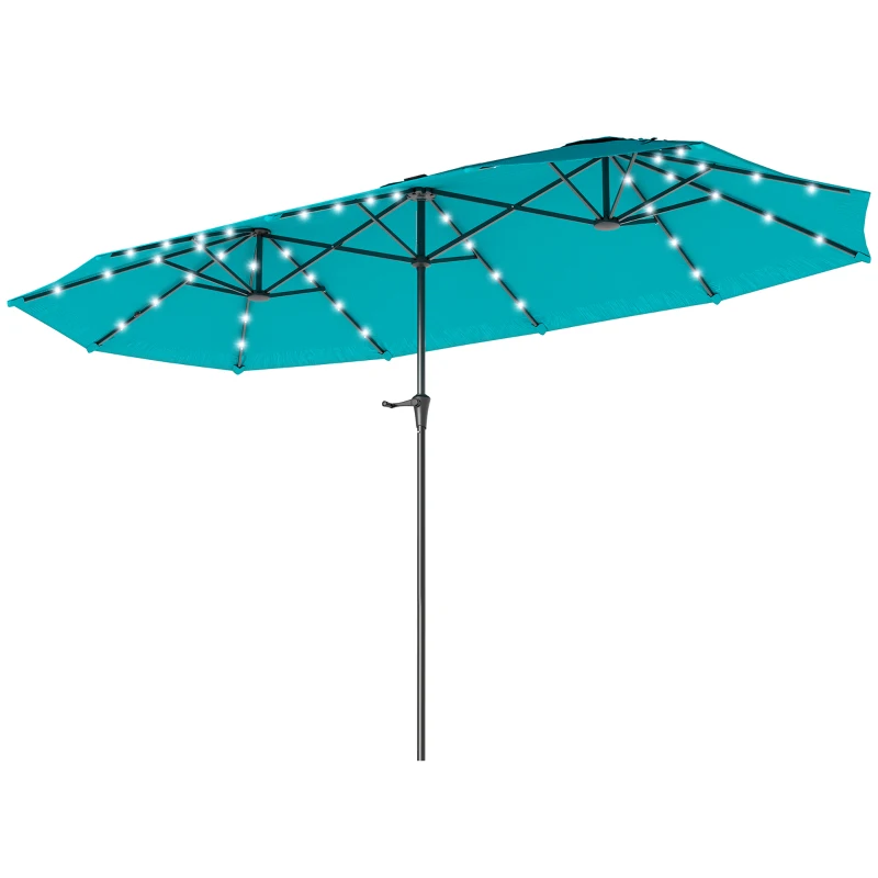 Outsunny 13ft Double-Sided Market Umbrella, Large Patio Umbrella with Solar Lights, Crank Handle for Garden, Pool, Yard, Blue