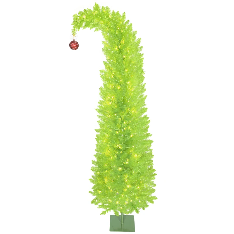 HOMCOM 7 ft Bent Top Whimsical Christmas Tree, Pencil Xmas Tree with Red Ball, Metal Base, Prelit with 250 LED Lights