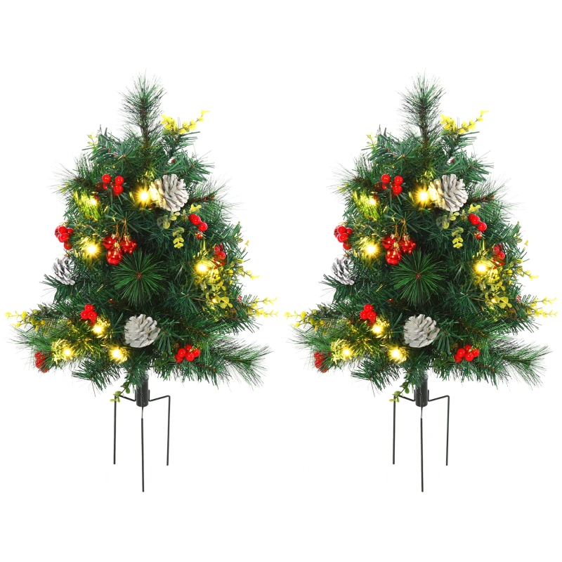HOMCOM 2.5ft 2 Pieces Prelit Artificial Christmas Tree with LED Light Mini Xmas Tree with Small Berry Pine Needles Pinecones Decorations for Garden
