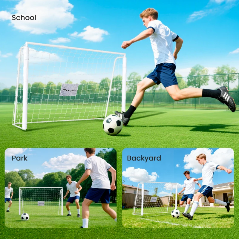 Soozier 6ft x 4ft Soccer Goal Net with Metal Frame, PE Mesh, Ground Stakes, Easy Assembly, White