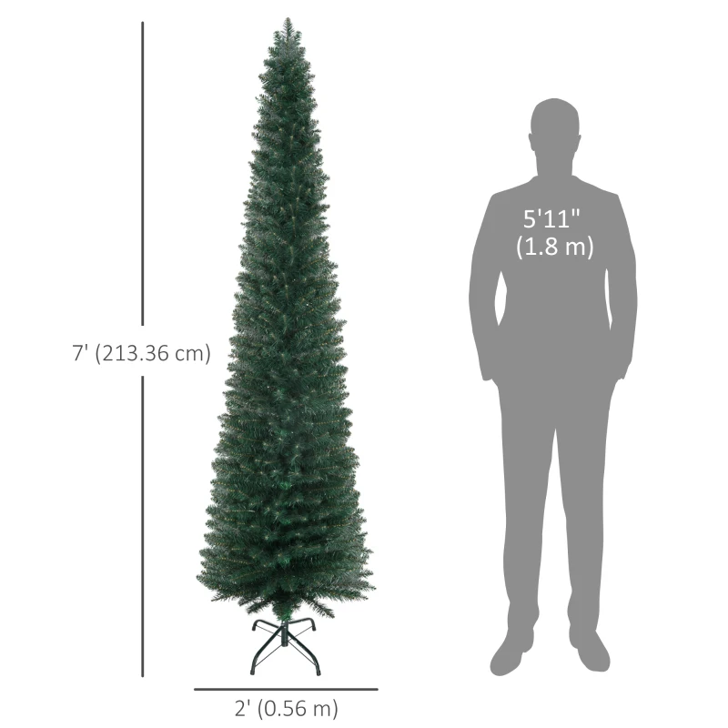 HOMCOM 7FT Artificial Christmas Tree Xmas Pencil Tree Holiday Home Indoor Decoration with Foldable Black Stand for Party, Green