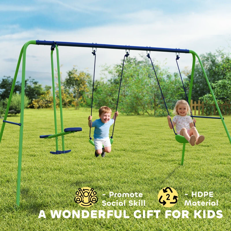 Outsunny Metal Swing Set with Glider, Two Swing Seats and Adjustable Height, Outdoor Heavy Duty A-Frame Suitable for Playground, Backyard, Green