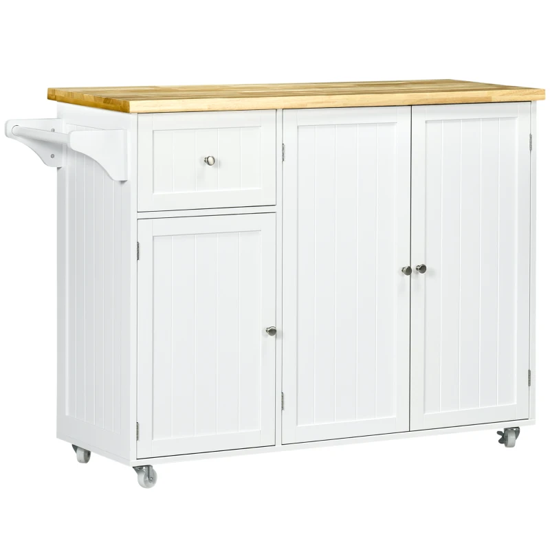 HOMCOM Rolling Kitchen Island with Storage, Utility Kitchen Island Cart with Drawer, Cabinets, Towel Rack and Rubber Wood Top