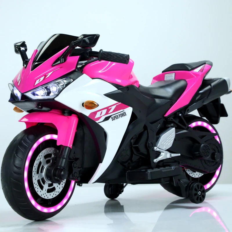 12V Kids Electric Ride-On Motorcycle with Training Wheels and Headlight, Motorbike with MP3 and Light-Up Wheels, 46" L x 20" W x 26" H, Pink