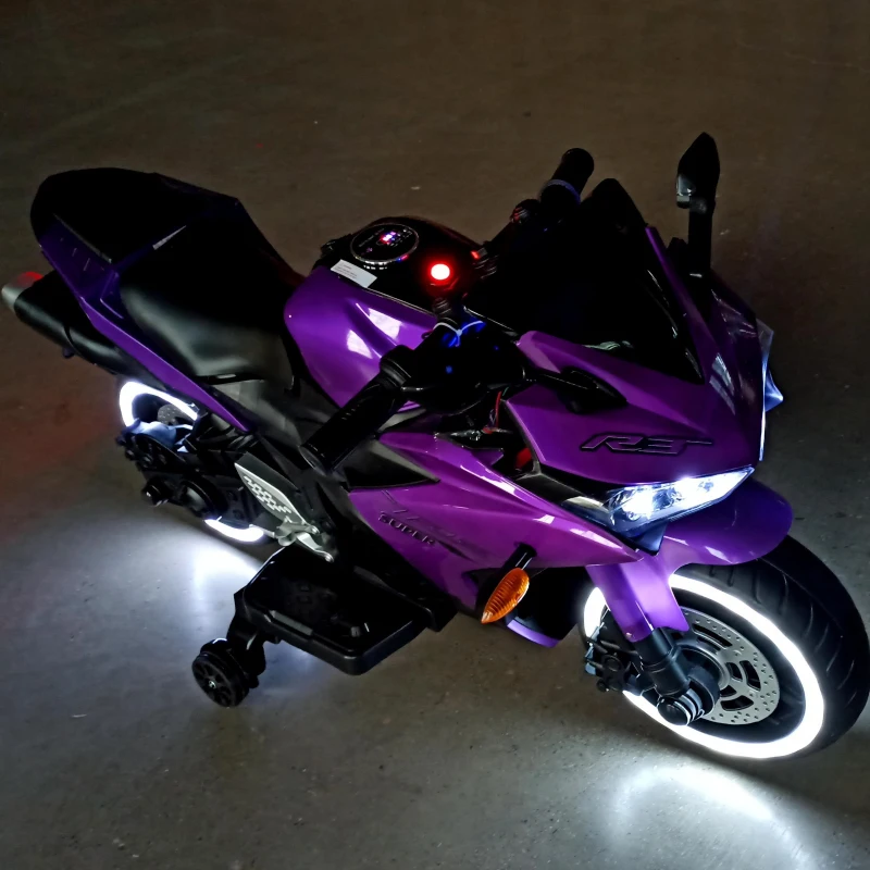 12V Ride-On Motorcycle for Ages 3-6 with Training Wheels and Headlight, Motorbike with MP3 and Light-Up Wheels, 46" L x 20" W x 26" H, Purple