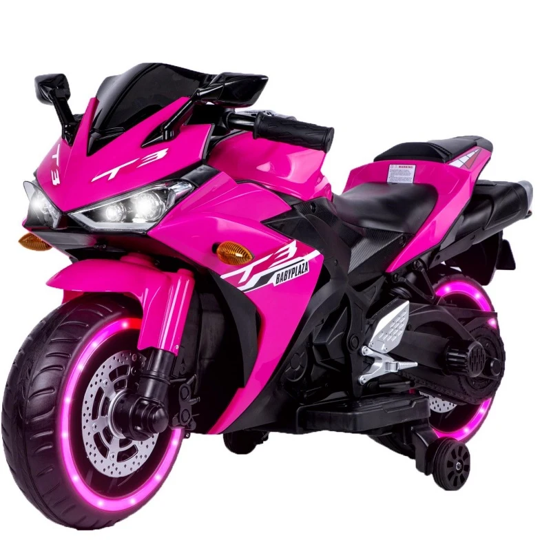 12V Kids Electric Ride-On Motorcycle with Training Wheels and Headlight, Motorbike with MP3 and Light-Up Wheels, 46" L x 20" W x 26" H, Pink