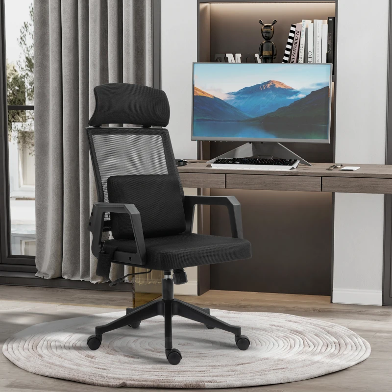 Vinsetto Office Chair High Back Mesh Desk Chair with 2-Point Vibration Massage Lumbar Support Pillow, Headrest, Ergonomic Swivel Back