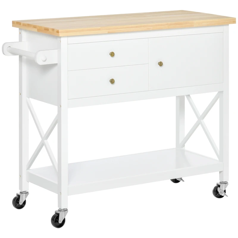 HOMCOM Utility Kitchen Cart Rolling Kitchen Island Storage Trolley with Rubberwood Top, 2 Drawers, Towel Rack, White