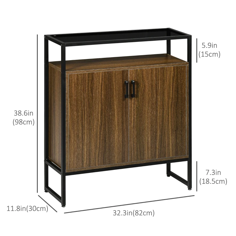 HOMCOM Buffet Cabinet, Glass Tabletop Accent Sideboard with Storage Cabinet and Open Shelf, Console Table for Living Room, Kitchen, Entryway, Brown