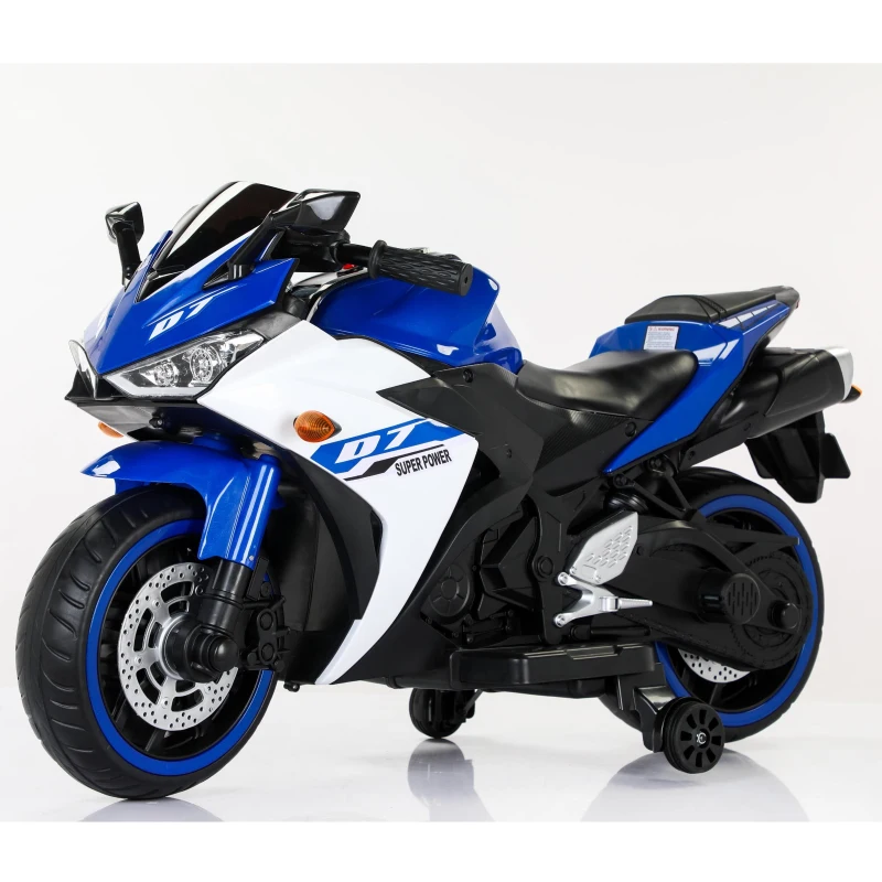 12V Kids Electric Ride-On Motorcycle with Training Wheels and Headlight, Motorbike with MP3 and Light-Up Wheels, 46" L x 20" W x 26" H, Blue