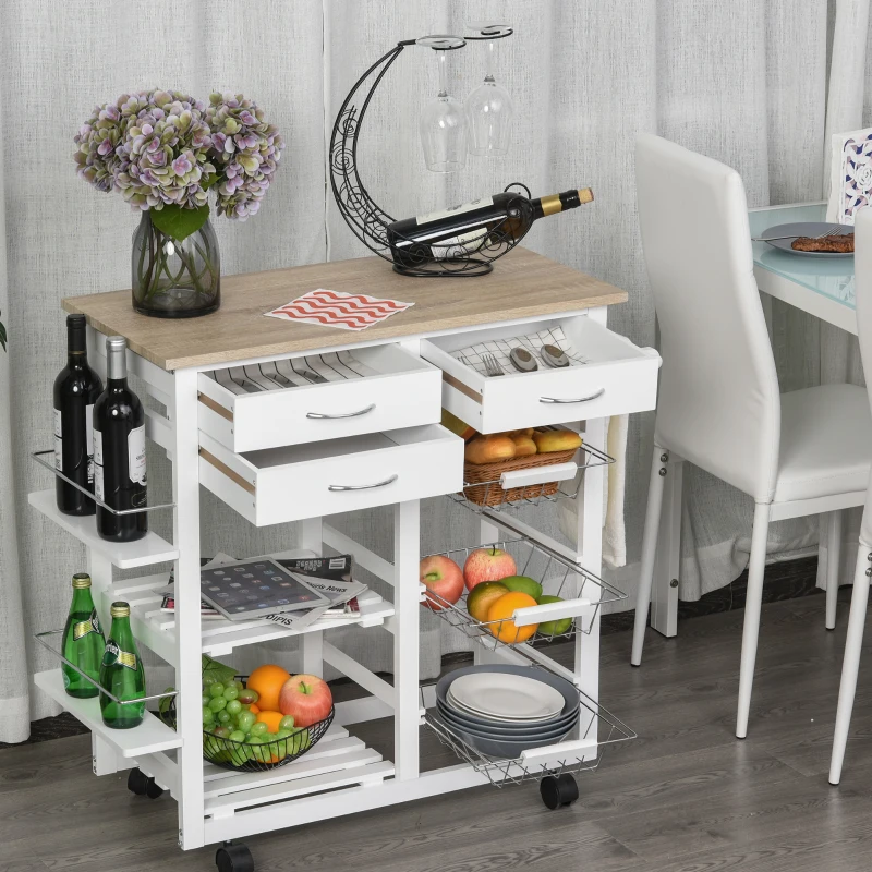 HOMCOM Rolling Kitchen Island on Wheels Trolley Utility Cart with Spice Racks, Towel Rack, Baskets & Drawers for Dining Room