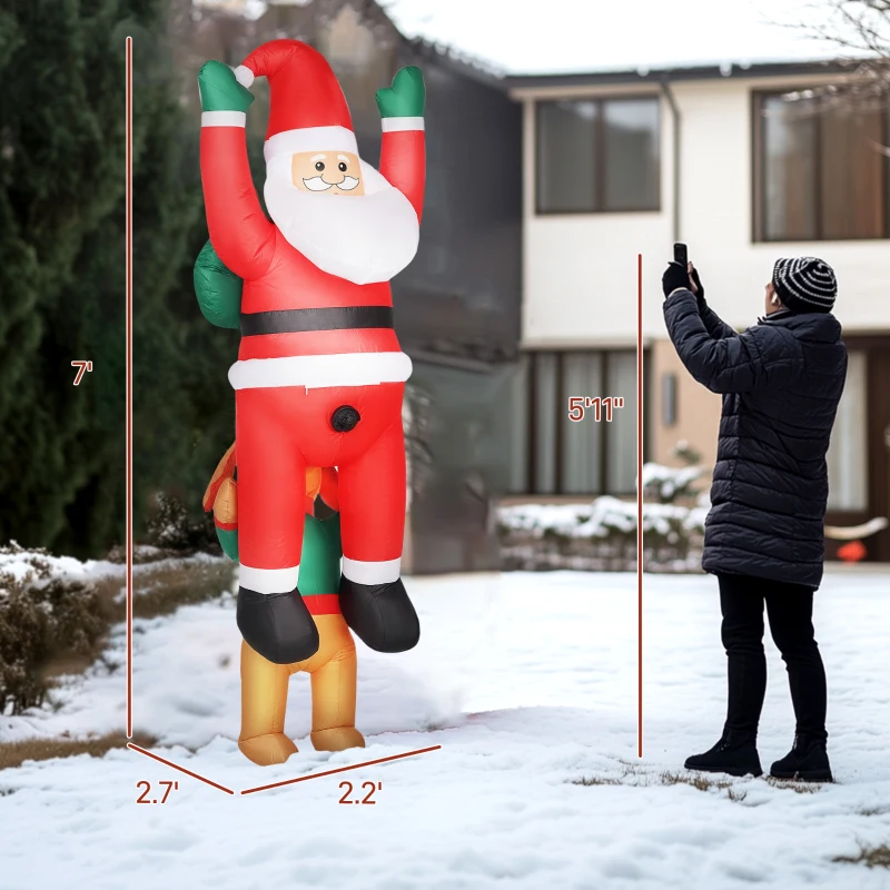 Outsunny 7FT Hanging Christmas Inflatable Santa with Dog, Christmas Blow Up Decoration with Built-in LED Lights for Garden