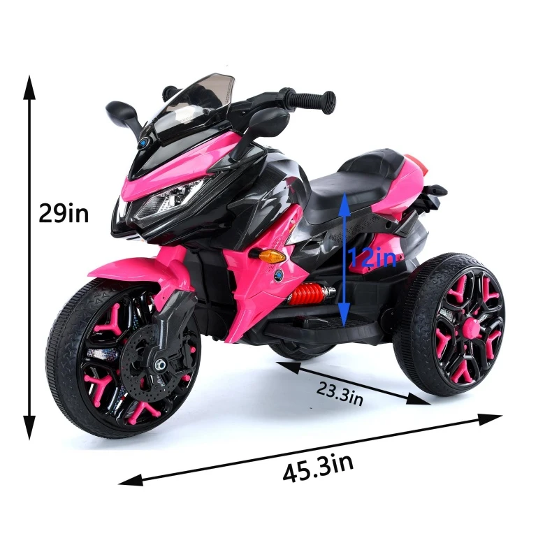 3-Wheel 12V Kids Electric Ride-On Motorcycle with Training Wheels and Headlight, Motorbike with MP3/USB, 43.5'' L x 23.5'' W x 29'' H, Pink