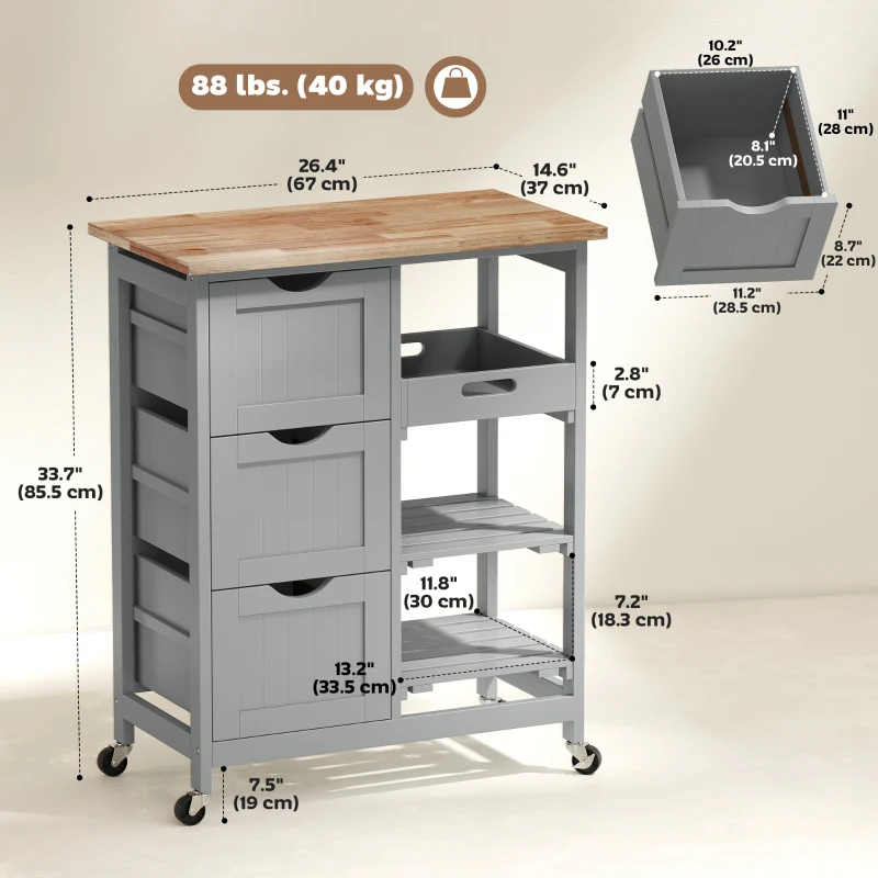 HOMCOM Kitchen Cart on Wheels, Rolling Kitchen Island Cart with Wood Top, 3 Drawers and Shelves for Home Dining Area