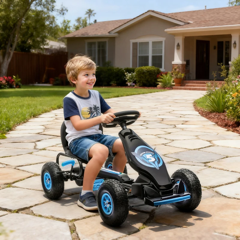 Aosom Kids Pedal Go Kart Ride-on Toy with Ergonomic Comfort, Pedal Car with Tough, Wear-Resistant Tread, Go Cart Kids Car for Boys & Girls with Suspension System, Safety Hand Brake, Ages 5-12, Blue