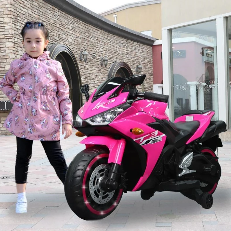 12V Kids Electric Ride-On Motorcycle with Training Wheels and Headlight, Motorbike with MP3 and Light-Up Wheels, 46" L x 20" W x 26" H, Pink