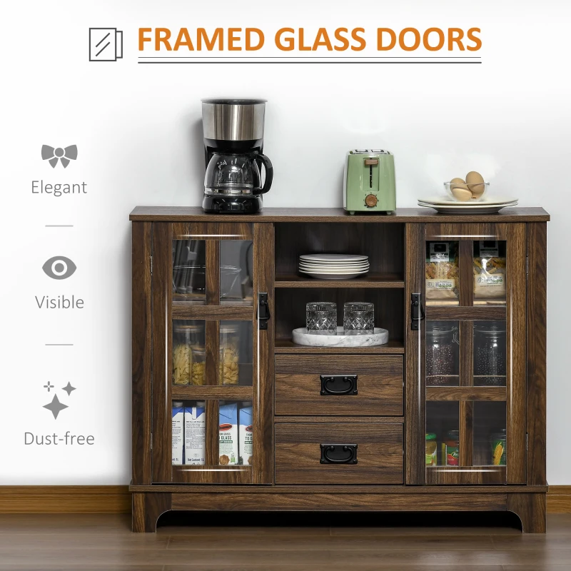 HOMCOM Sideboard Storage Cabinet Kitchen Cupboard Buffet Server with Glass Doors, 2 Drawers & Adjustable Shelves for Living Room, Walnut