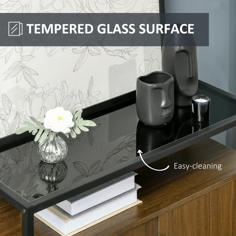 HOMCOM Buffet Cabinet, Glass Tabletop Accent Sideboard with Storage Cabinet and Open Shelf, Console Table for Living Room, Kitchen, Entryway, Brown