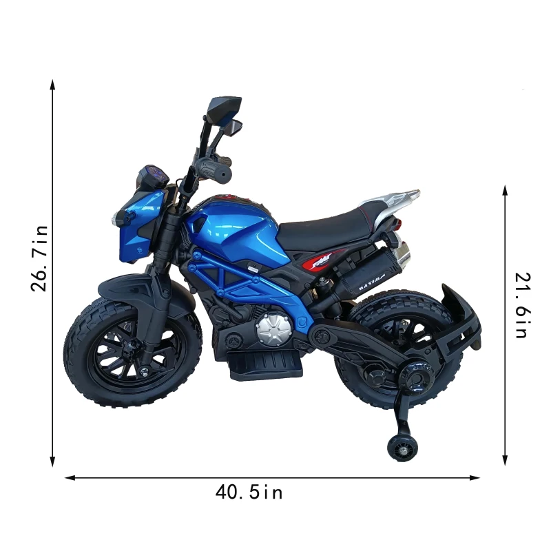 12V Kids Electric Motorcycle Ride-On with Training Wheels, Hand Throttle & Foot Brake, Motorbike for Ages 3-6, 40.5″ L x 21.5″ W x 27″ H, Blue
