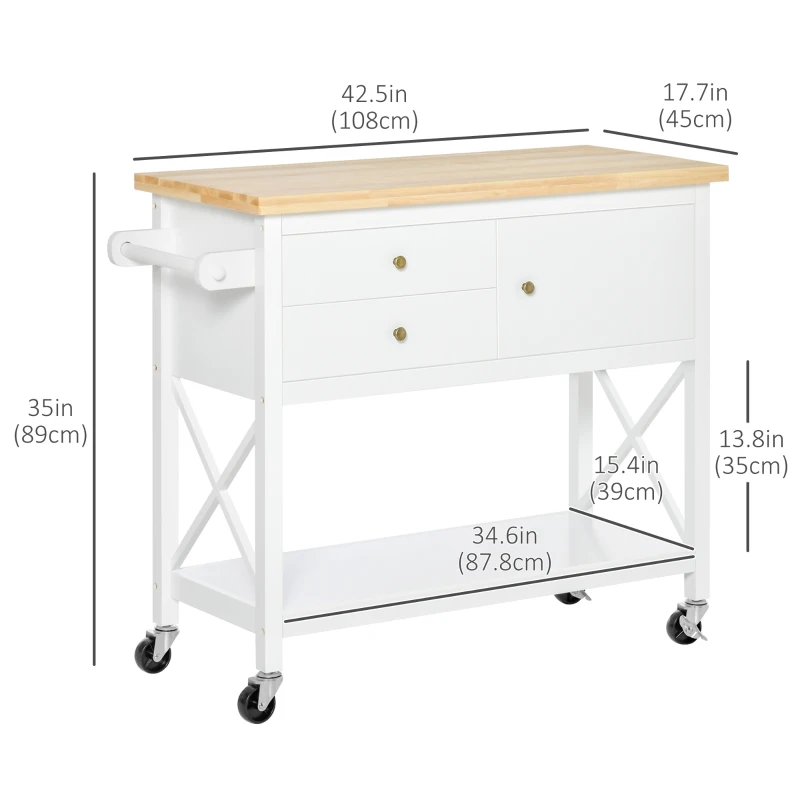 HOMCOM Utility Kitchen Cart Rolling Kitchen Island Storage Trolley with Rubberwood Top, 2 Drawers, Towel Rack, White