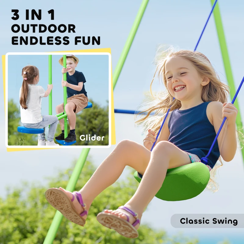 Outsunny Metal Swing Set with Glider, Two Swing Seats and Adjustable Height, Outdoor Heavy Duty A-Frame Suitable for Playground, Backyard, Green