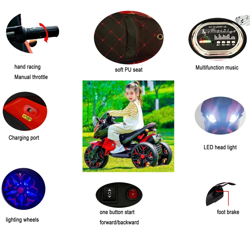 3-Wheel 12V Kids Electric Ride-On Motorcycle with Training Wheels and Headlight, Motorbike with MP3/USB, 43.5'' L x 23.5'' W x 29'' H, Blue