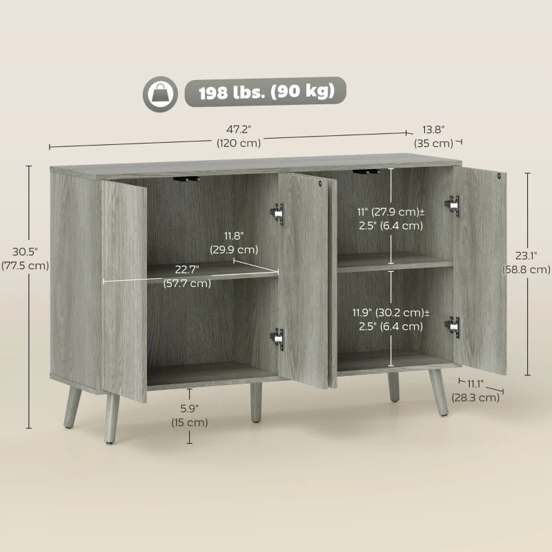 HOMCOM Buffet Cabinet with Storage, Modern Fluted Sideboard with Adjustable Shelves for Dining Room Living Room, Light Grey