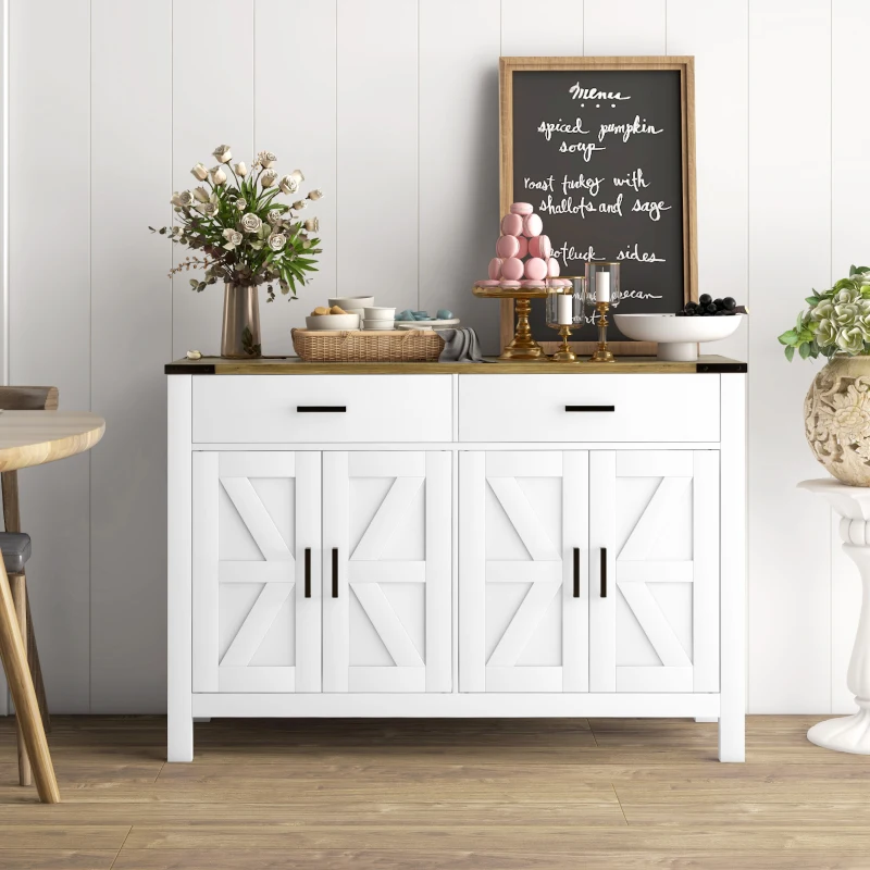 HOMCOM Farmhouse Buffet Cabinet Sideboard with 2 Drawers, 2 Storage Cabinets and Adjustable Shelves, White