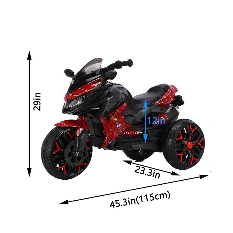 3-Wheel 12V Kids Electric Ride-On Motorcycle with Training Wheels and Headlight, Motorbike with MP3/USB, 43.5'' L x 23.5'' W x 29'' H, Red