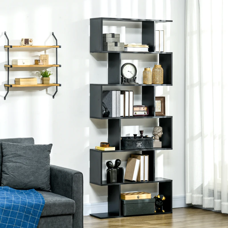 HOMCOM 76" 6-Tier Wooden Bookcase S Shaped Storage Display Shelf Modern Bookshelf Open Concept Living Room Home Office Furniture, Black